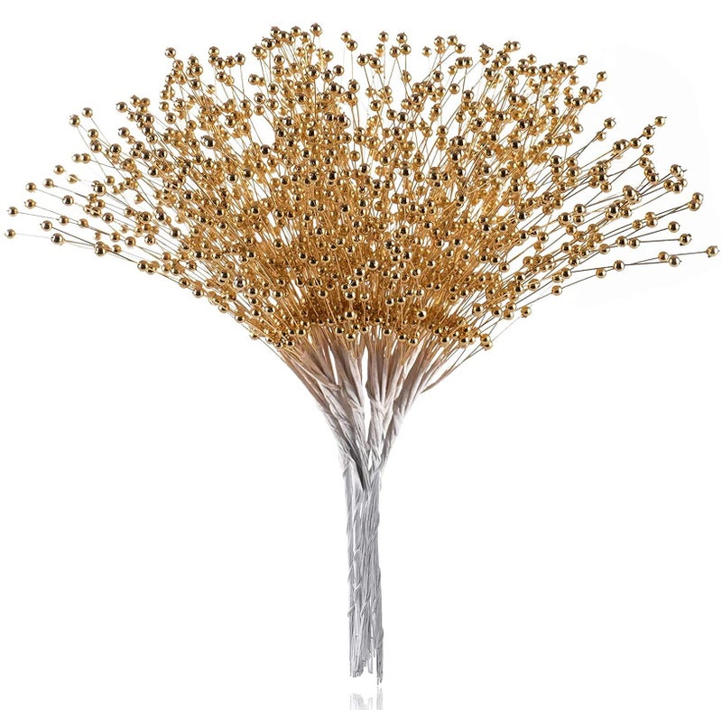 CHENXIN 50pcs Beaded Stick Bride Wedding Pearl Bouquet Party Decoration, Christmas Decorations, 4mm Pearl Bouquet Christmas Flower, Christmas Tree Picks and Sprays (Gold) - Image 1